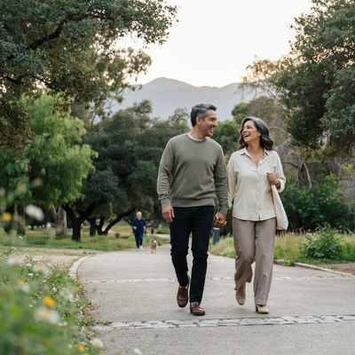 Pareja de unos sesenta años caminando sin molestias por un parque