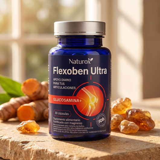 Frasco de Naturox Flexoben Ultra junto a raíz de cúrcuma y resina de boswellia