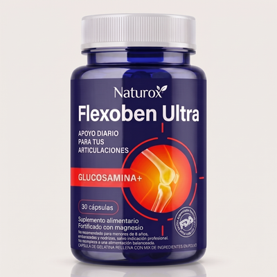 Frasco de Naturox Flexoben Ultra, 30 cápsulas, sobre fondo neutro
