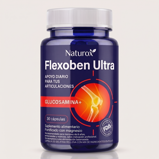 Frasco de Naturox Flexoben Ultra, 30 cápsulas, sobre fondo neutro